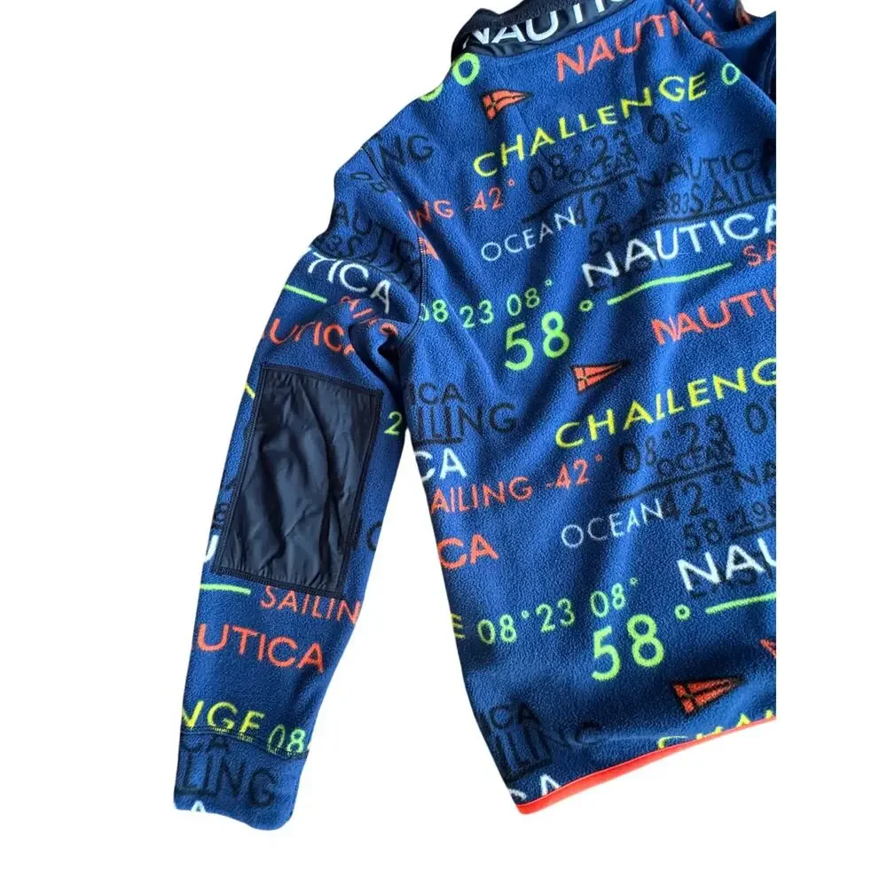 Nautica Mens Fleece Pullover Medium Blue Graphic 1/4 Zip Long Sleeve Sweater